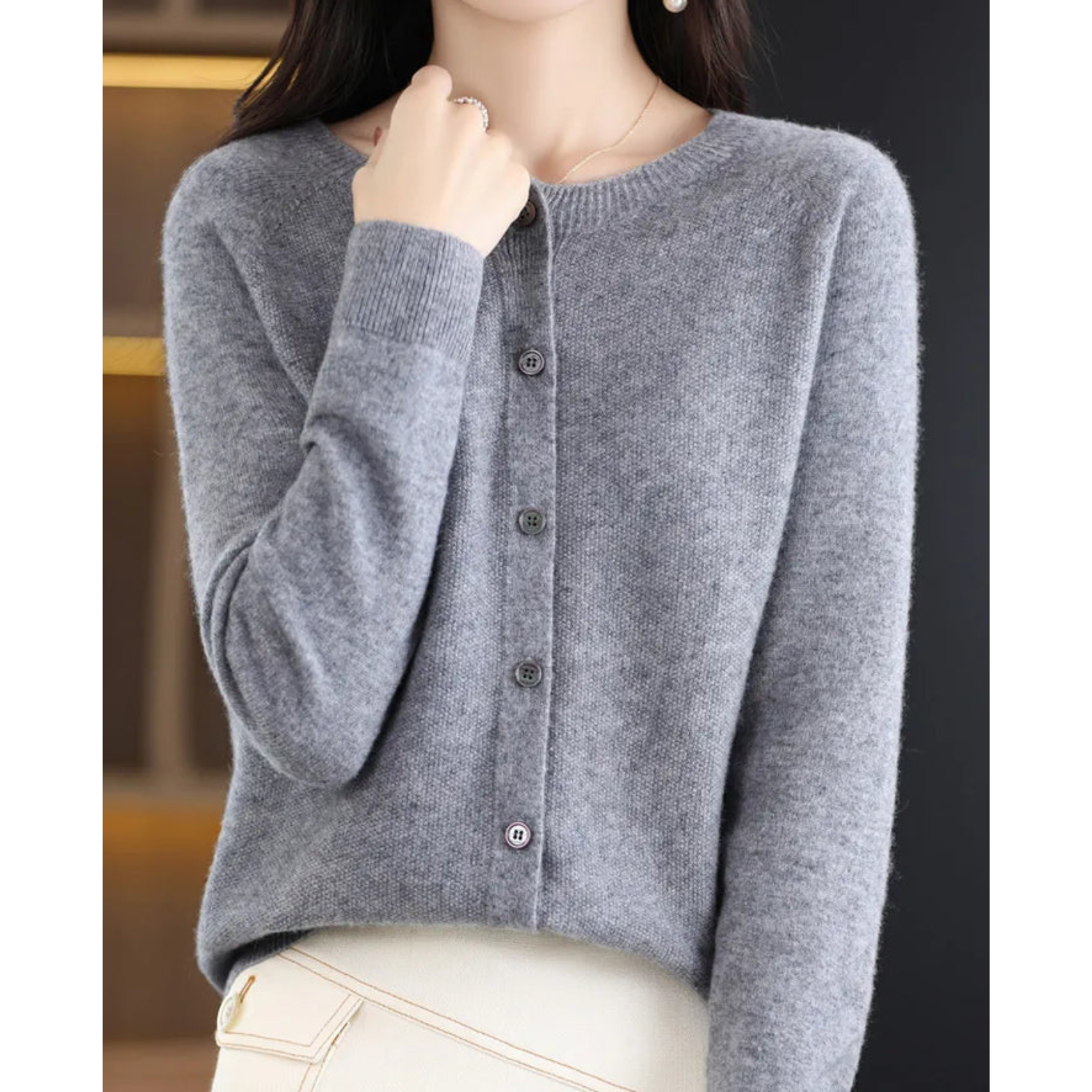 DANIELLE | Pure Merino Wolle Damen O-Hals Cardigan