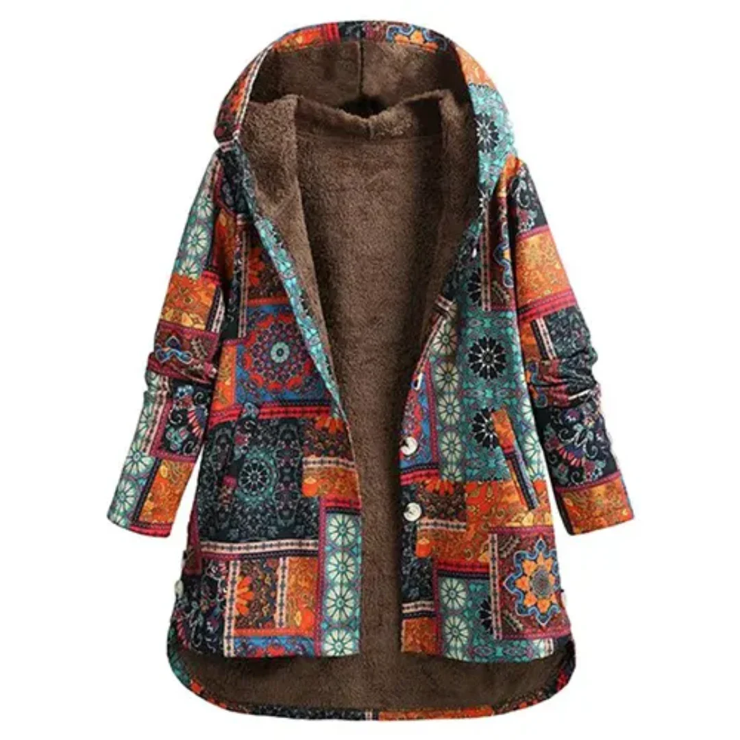 Evaan | Boho Patchwork Kapuzenjacke mit Warmer Fütterung für Damen